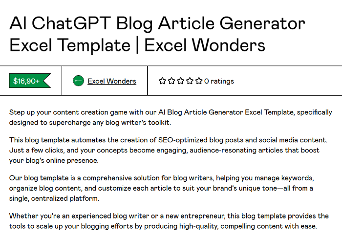 Excel Wonders | AI ChatGPT Blog Article Generator Excel Template 2024