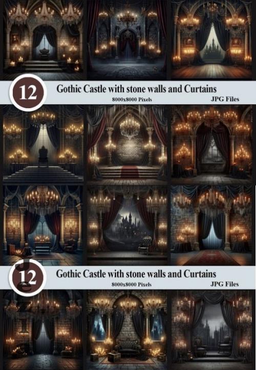 Gothic Castle with Curtains Backdrops