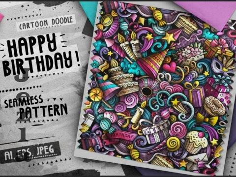 Happy Birthday Doodle Cartoon Seamless Pattern - BFZSX3Z