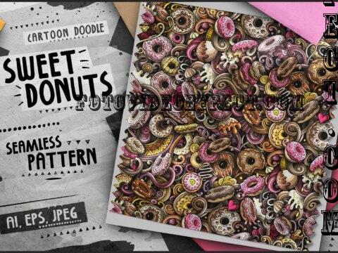 Donuts Doodle Cartoon Seamless Pattern - 4JP5ZVB