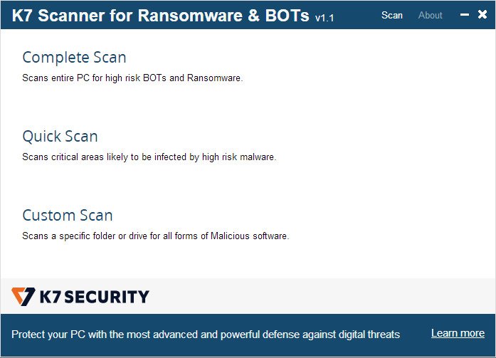 K7 Scanner for Ransomware & BOTs 1.0.0.721