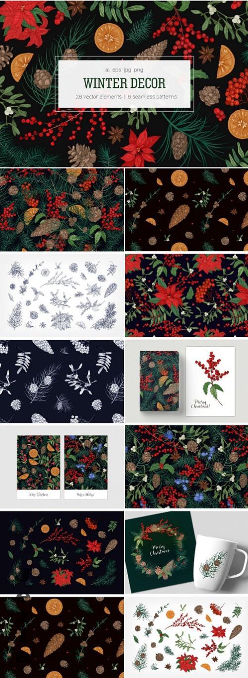 Winter plants, hand drawn set + seamless patterns - NA8QUF2