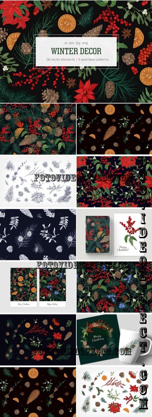 Winter plants, hand drawn set + seamless patterns - NA8QUF2