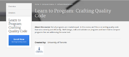 Coursera - Learn to Program: Crafting Quality Code (University of Toronto)