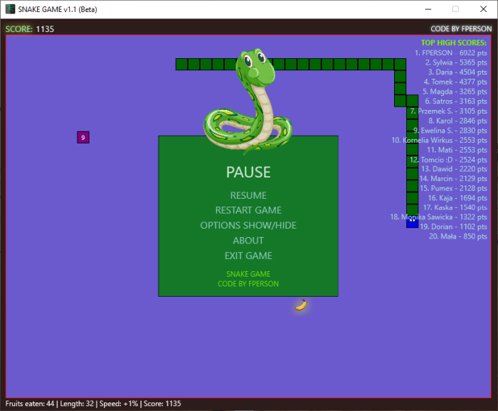 Snake Game v1.1 Beta (x64) [FPERSON]