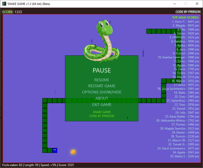 Snake Game v1.3 Beta (x86/x64) [FPERSON]